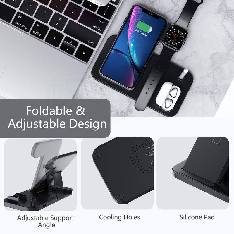[Australia - AusPower] - EVIGAL 4 in 1 Wireless Charger, Qi-Certified Fast Charging Station Compatible Apple Watch & AirPods & Apple Pencil, iPhone 13/12/11/11Pro/11Pro Max/X/XS/XS Max/XR/8/8Plus, Samsung (with QC3.0 Adapter) Black 