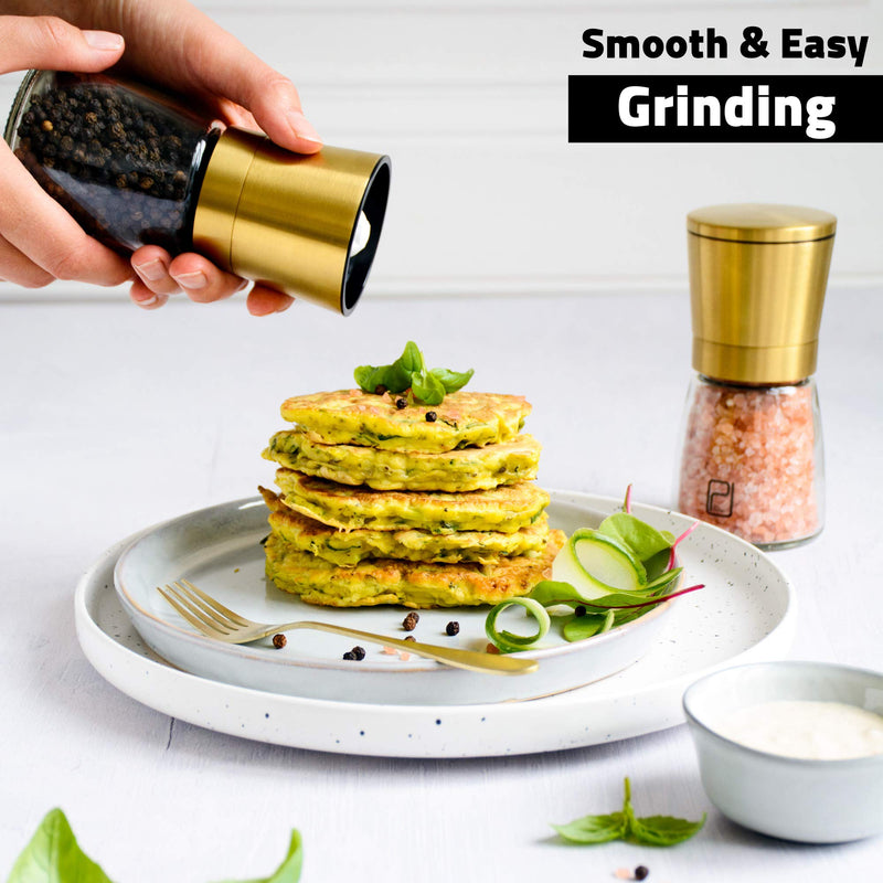[Australia - AusPower] - Gold Salt and Pepper Grinder Set - Golden Salt and Pepper Shaker Mill - Brass Pepper Grinders Refillable - Adjustable Coarseness - Sea Salt, Black Peppercorn 