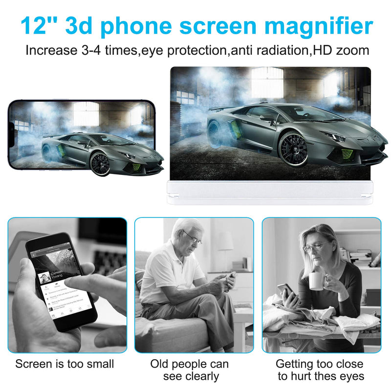 [Australia - AusPower] - 12" Phone Screen Magnifier with Bluetooth Speaker, 3D DH Magnifying Projector Screen Enlarger for Movies,Videos,Games, Foldable Phone Screen Amplifier, Compatible with All Smartphones White 