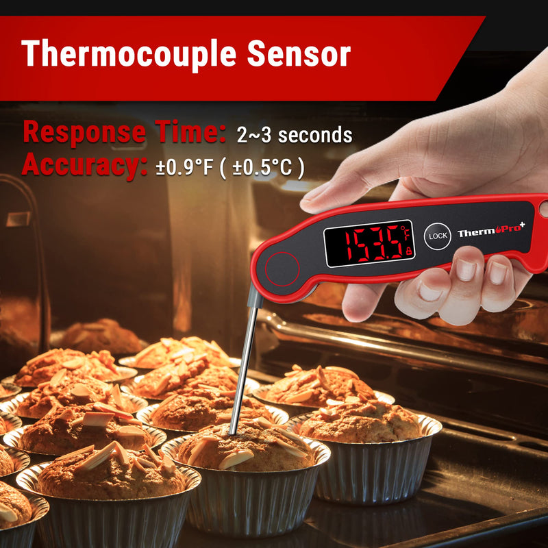 [Australia - AusPower] - ThermoPro TP19 Waterproof Digital Meat Thermometer for Grilling with Ambidextrous Backlit & Thermocouple Instant Read Thermometer Kitchen Cooking Food Thermometer for Candy Water Oil BBQ Grill Smoker Classic-red 