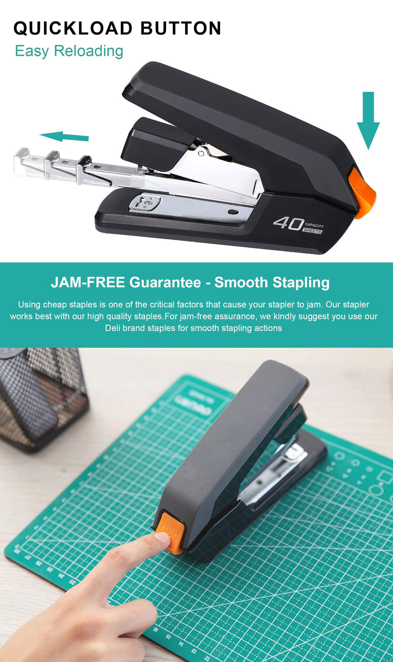 [Australia - AusPower] - Deli Effortless Desktop Stapler, 40-50 Sheet Capacity, One Finger Touch Stapling, Easy to Load Ergonomic Heavy Duty Stapler, Includes 1500 Staples and Staple Remover 40-50 Sheets Black 