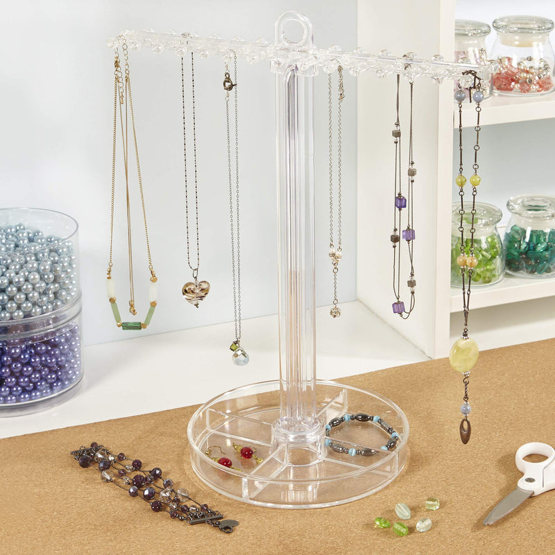 [Australia - AusPower] - STORi Clear Plastic Necklace Holder | Store 30 Individual Necklaces on the Pegs and Sort Small Jewelry in the Bottom Divided Organizer Tray | Made in USA 