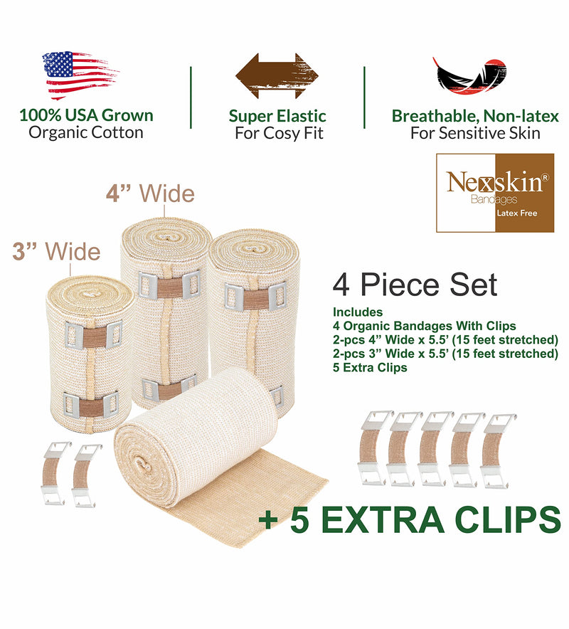 [Australia - AusPower] - NEXSKIN | Latex Free | American Organic Cotton Elastic Bandage | Set of Two 4 inch & Two 3 inch Wraps | Clip Closure | Washable Reusable 