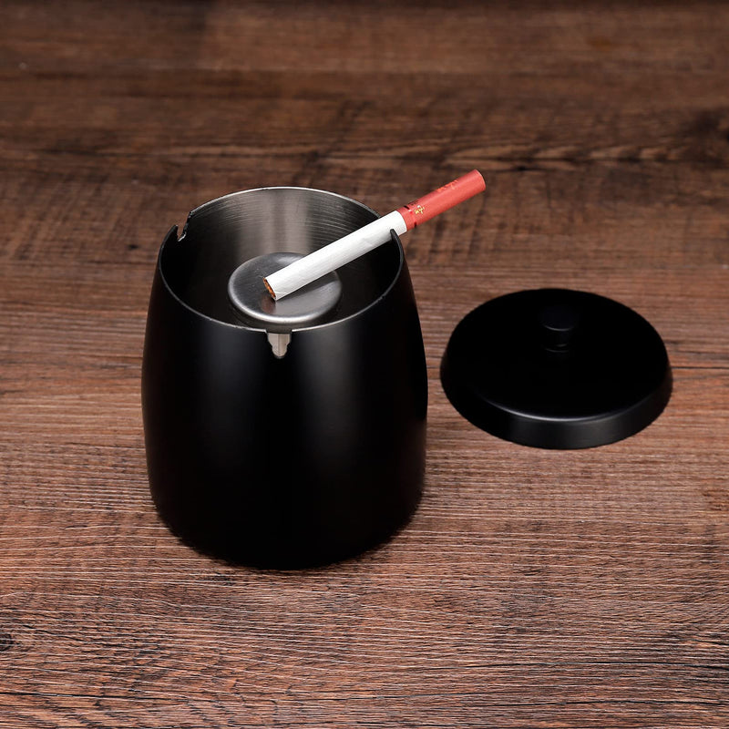 [Australia - AusPower] - Large Ashtray with Lid for Cigarette, Stainless Steel Smokeless Odorless Windproof Ashtrays for Home Office Tabletop Outside Patio Outdoor Balcony(3.55"x3.0"x3.35") Black Large 