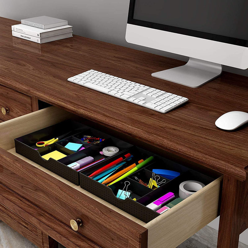 [Australia - AusPower] - CAXXA 2 Pack 3 Slot Drawer Organizer with Two Adjustable Dividers - Junk Drawer Storage for Office Desk Supplies and Accessories, Black (2 Pack) 