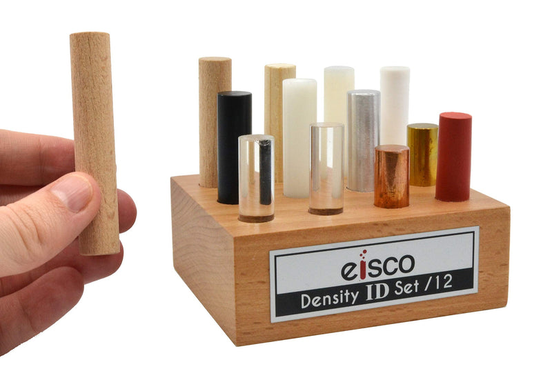 [Australia - AusPower] - 12pc Cylindrical Bars Density ID Set - Hardwood, Softwood, Aluminum, Copper, Brass, Rubber, Nylon, Derlin, PVC, Glass, Acrylic & Teflon - Includes Storage Block - Study Density & Mass - Eisco Labs 