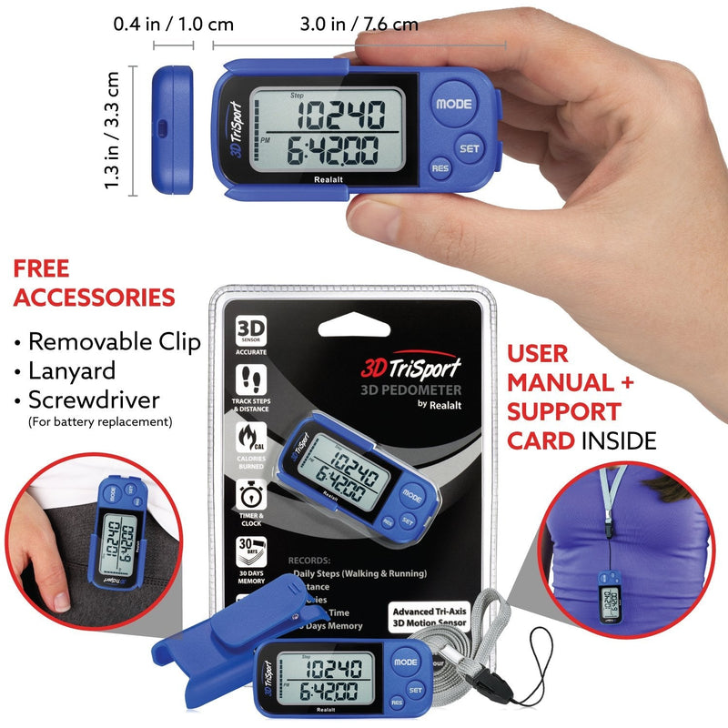 [Australia - AusPower] - Realalt 3DTriSport Walking 3D Pedometer with Clip and Strap, Free eBook | 30 Days Memory, Accurate Step Counter, Walking Distance Miles/Km, Calorie Counter, Daily Target Monitor, Exercise Time. 