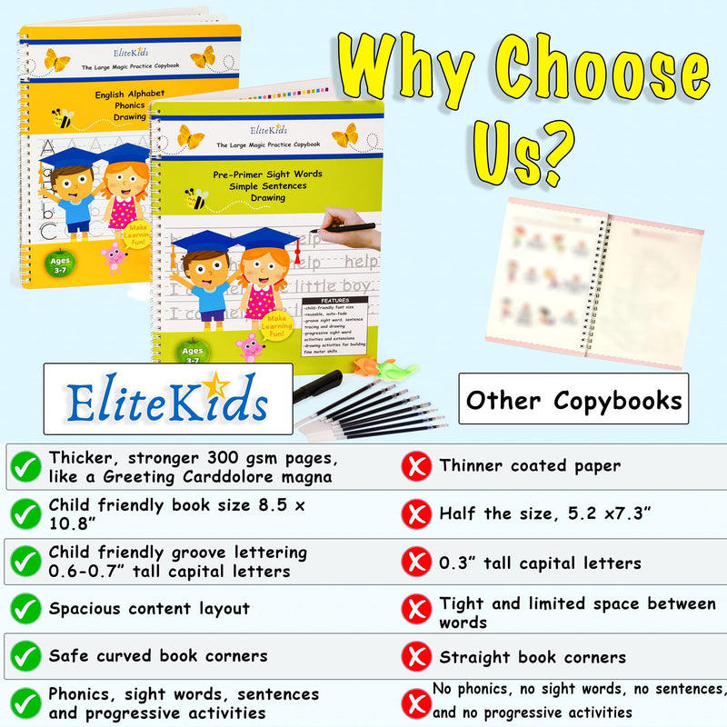 [Australia - AusPower] - Premium Edition 11x8.5 Inch EliteKids Large Magic Practice Copybook for Kids Alphabet + Sight Words 2-set, Kindergarten Magical Handwriting Workbooks, Tracing Letters for Kids Ages 3-5 Copy Book. ABC and Sight Words 2-Book Set 