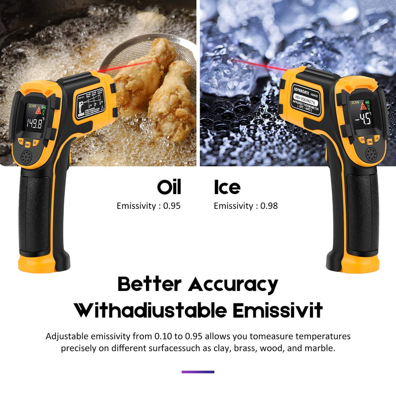 [Australia - AusPower] - Infrared Thermometer No Touch Digital Laser Temperature Gun with Color Display -58℉～1112℉(-50℃～600℃)Adjustable Emissivity - for Cooking/BBQ/Freezer - Meat Thermometer Included -Non Body Thermometer 