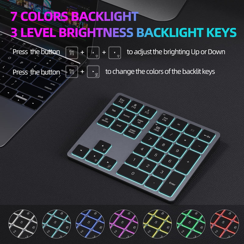 [Australia - AusPower] - Doohoeek Backlit Bluetooth Numeric Keypad for Laptops and Computers, Number Pads 34 Keys with 7-Color Backlight for MacBook & Windows, Gray Space Grey 