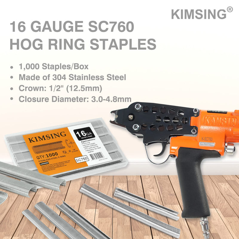 [Australia - AusPower] - KIMSING SC760 16 Gauge 5/8'' Crown Stainless Steel C Ring Staples C-Rings Hog Rings, Wire Fencing Staples, Fasteners for C Ring Stapler, Hog Ring Tool, C Ring Plier, 1000 PCS/Pack 