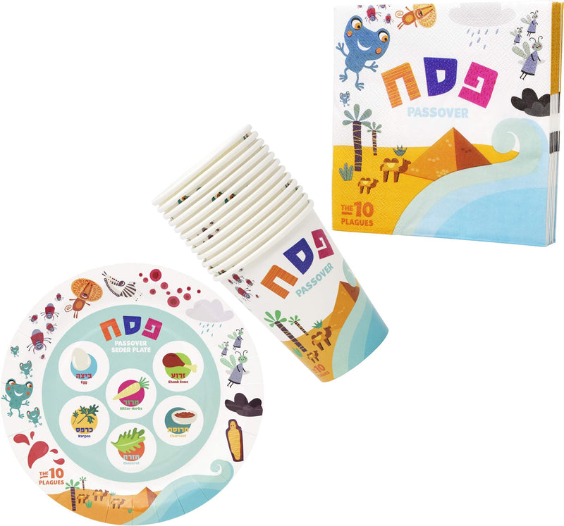 [Australia - AusPower] - Passover Disposable Seder Plate Set - Ten Plagues Design - 9" and 7" Plates, Cups, Napkins, and Place Cards, 120 Piece Set, Serves 24 People 