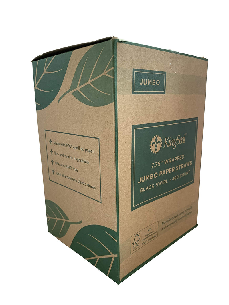 [Australia - AusPower] - Kingseal FSC Certified Disposable Paper Drinking Straws, Paper Wrapped, 7.75" Length x 6mm Diameter, Black Swirl Stripe, Biodegradable, Earth Friendly, Bulk Pack - 400 Straws per Box 1 