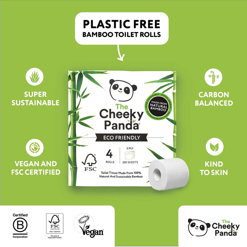 [Australia - AusPower] - The Cheeky Panda – Bamboo Toilet Tissue Paper | Pack of 4 Rolls (3-Ply, 200 Sheets) | Hypoallergenic, Plastic-Free, Eco-Friendly, Super Soft, Strong & Sustainable 