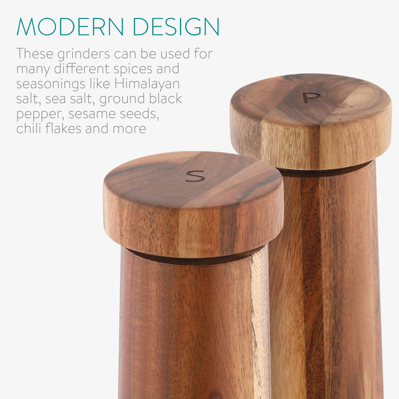 [Australia - AusPower] - Navaris Salt and Pepper Mill Set - Adjustable Acacia Wood Salt and Pepper Grinders Shakers with Ceramic Grinding Core for Home, Restaurants - Design 1 
