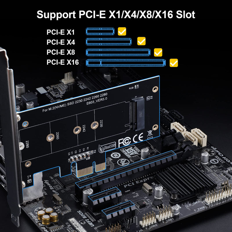 [Australia - AusPower] - ACTIMED NVMe PCIe Adapter M.2 SSD to PCI-e / Powerful Heat Sink Dissipation / PCIE X1 Interface Compatible with PCI-e Slots X1, X4, X8, X16 / for M-Key M.2 SSD / 2230 2242 2260 2280 / Toolkit Included PCIE X1(X4X8X16) 