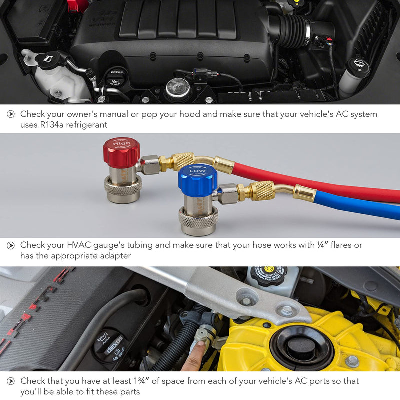 [Australia - AusPower] - ORION MOTOR TECH R134a Quick Coupler Adapter, Adjustable R134a Adapters and AC Hose Fittings, HP and LP Connectors for R134a Car AC System Evacuation Recharging and More, 1/4" Flares, Set of 2 