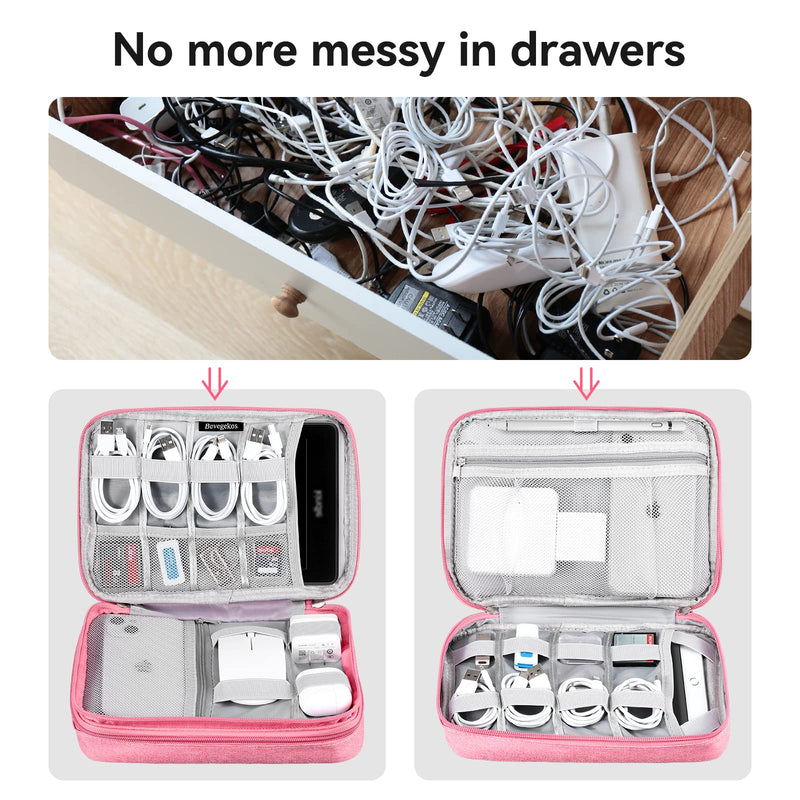 [Australia - AusPower] - Bevegekos Large Electronics Organizer, Travel Accessories Cord Organizer Pouch for 7.9 Inch Tablet, Cables, Charger, Power Adapter, 2 Layers (Large, Rosy Pink) 