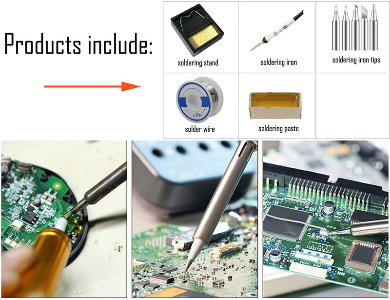 [Australia - AusPower] - LBY Electric Soldering Iron Kit, (60W ,110V) Adjustable Temperature Welding Tool, with 5pcs Soldering Tips, Soldering Iron Kit Electronics (with switch), Stainless Steel, Copper, (White) 