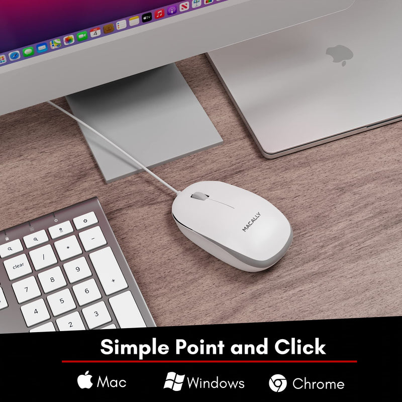 [Australia - AusPower] - Macally USB Wired Mouse for Mac and Windows - Simple 3 Button Computer Mouse Wired, Scroll Wheel Layout with 5ft Cord - Simple Plug and Play USB Mouse for Laptop, Desktop, Notebook - White 