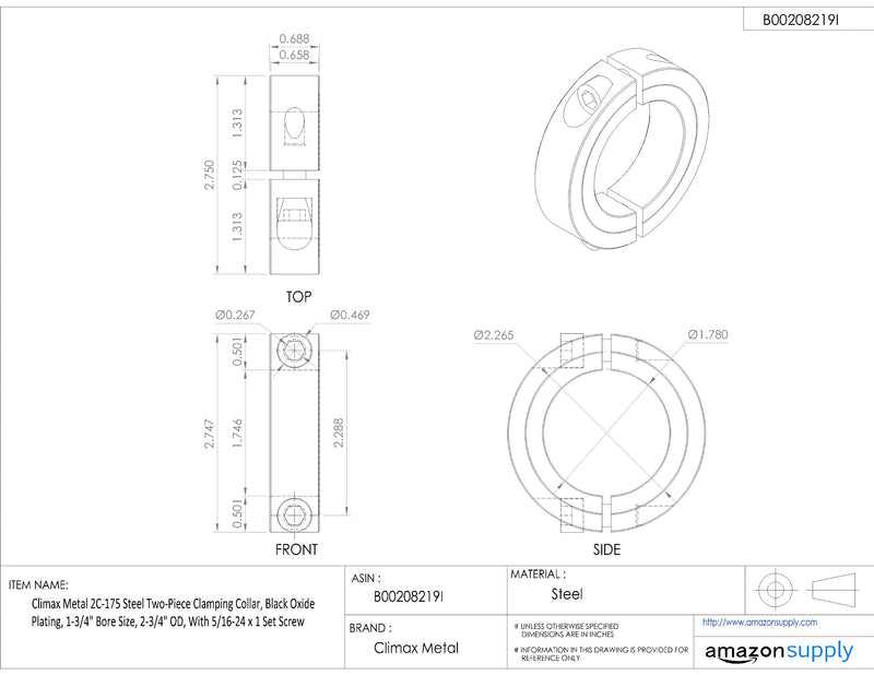 [Australia - AusPower] - Climax Metal 2C-175 Steel Two-Piece Clamping Collar, Black Oxide Plating, 1-3/4" Bore Size, 2-3/4" OD, With 5/16-24 x 1 Set Screw 