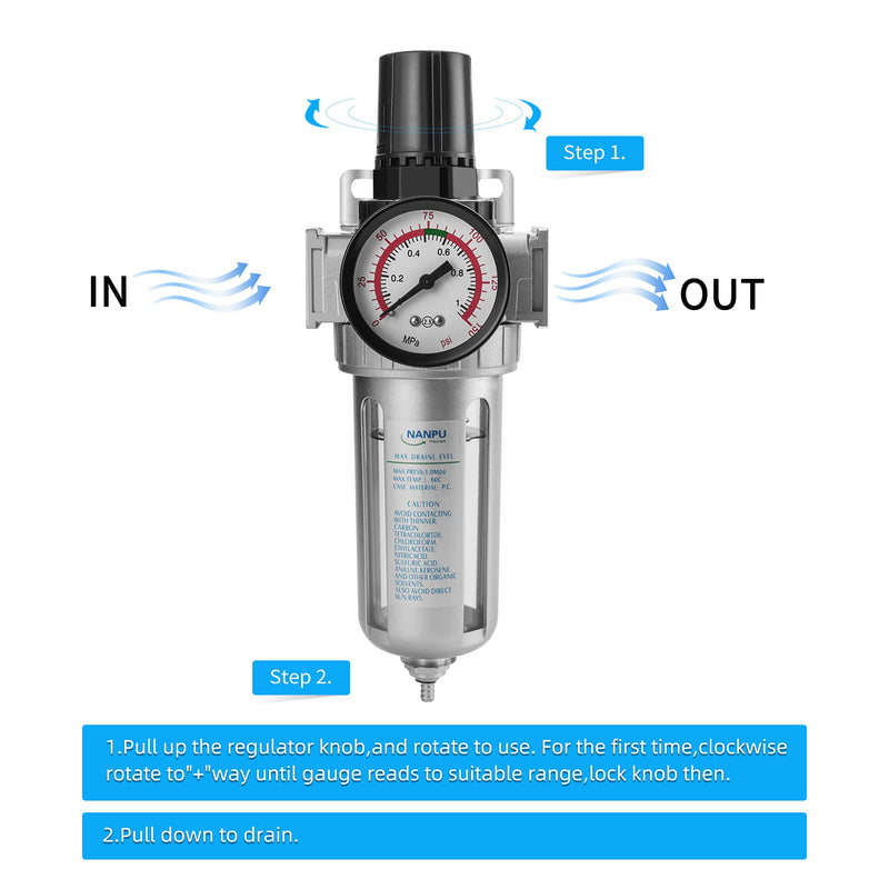 [Australia - AusPower] - NANPU 1/2" NPT Compressed Air Filter Regulator Combo, Air Filter Pressure Regulator Gauge Kit Water Separator w/Pressure Gauge, 150PSI 