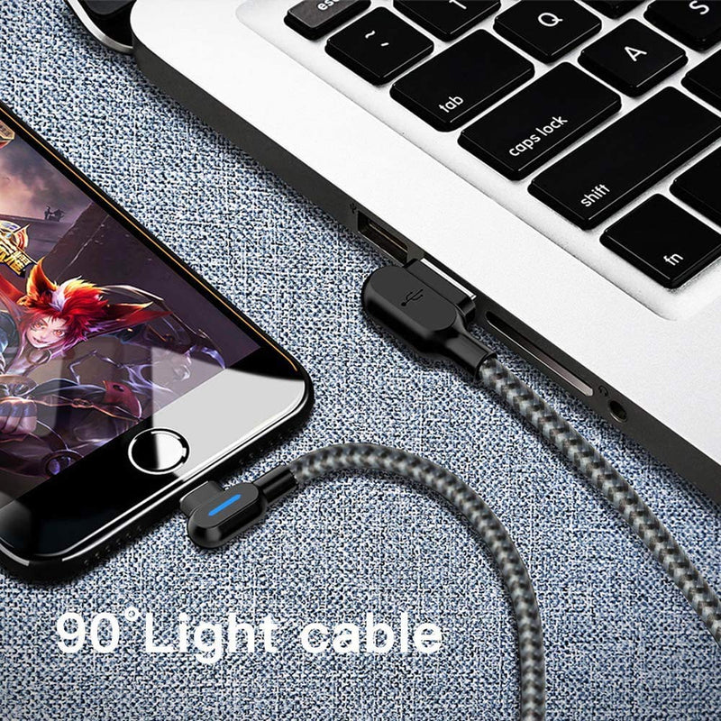 [Australia - AusPower] - iPhone Charger Cable, 3Pack LED Right Angle Lightning Cable 90 Degree Nylon Braided Charging Cord Gaming USB Charging/Sync Compatible with iPhone13/12/11/XR/X/8 8Plus/7/7 Plus/6(6FT) 6FT 