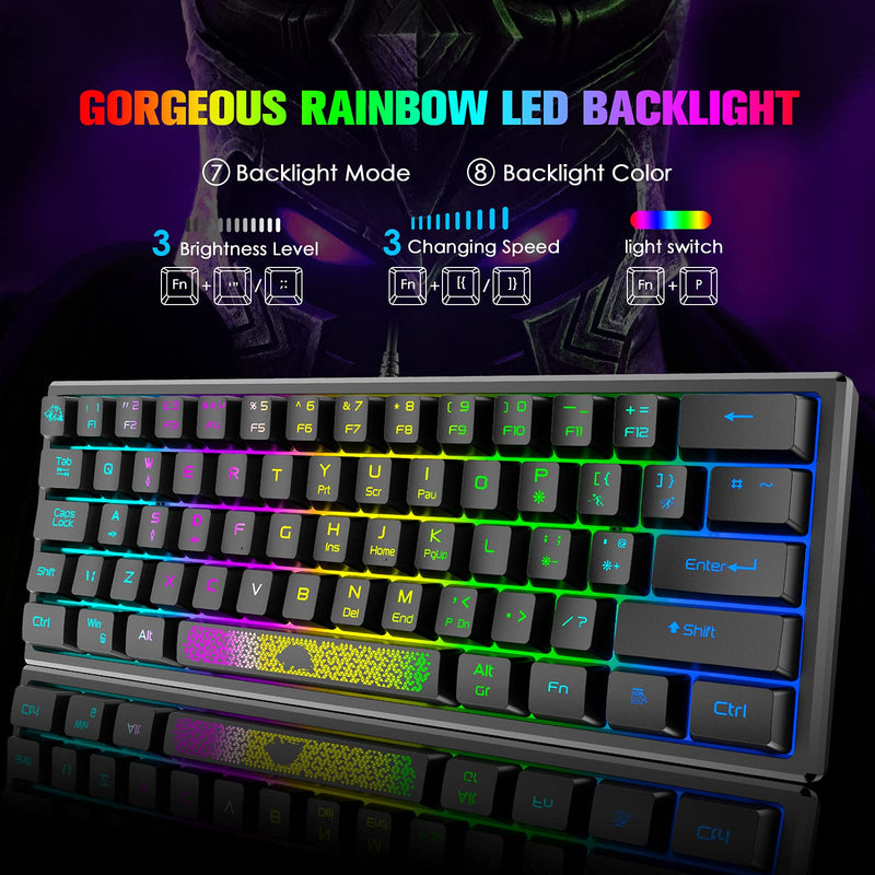[Australia - AusPower] - ZIYOU LANG K61 60% Gaming Keyboard Mini Portable with Rainbow RGB Backlit Ergonomic 62Key Layout 19Key Anti-ghosting Mechanical Feel Waterproof USB Wired for PC Mac Windows Gamer Laptop Typists(Black) Black 