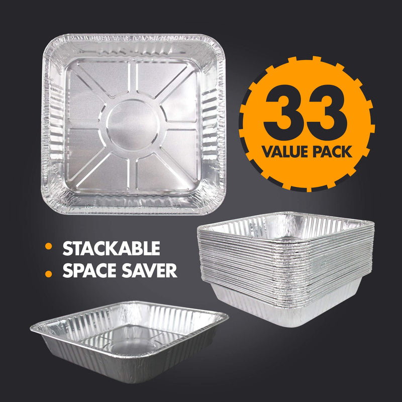 [Australia - AusPower] - [33 Pack] Square Foil Pans 8 inch - Aluminum Cake Pan/Baking Pans for Reheating, Roasting, Grilling and Broiling, Disposable Food Container, Catering Trays, Freezer and Oven Safe 33 8 inches 
