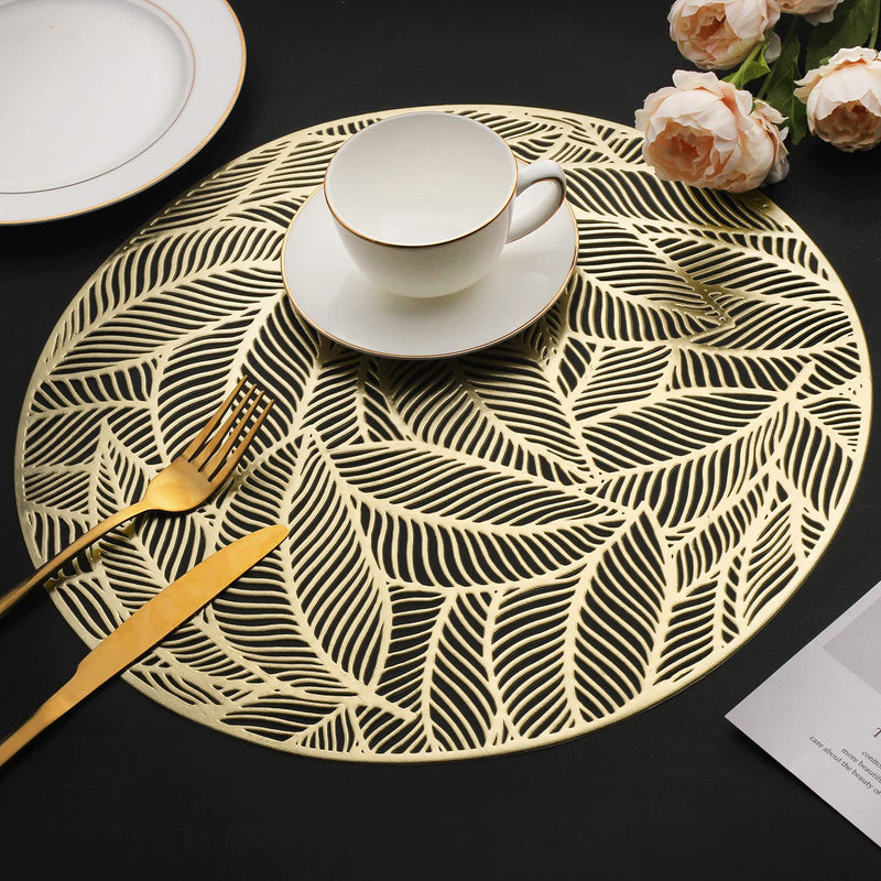 [Australia - AusPower] - Mabbcoo Placemats Set of 6, Round Leaf Place Mats for Dining Table Hollowed-Out Pressed Vinyl Table Mats for Holiday Party Wedding Accent Centerpiece Dinner Table Decoration (Gold) Leaf Round Gold 