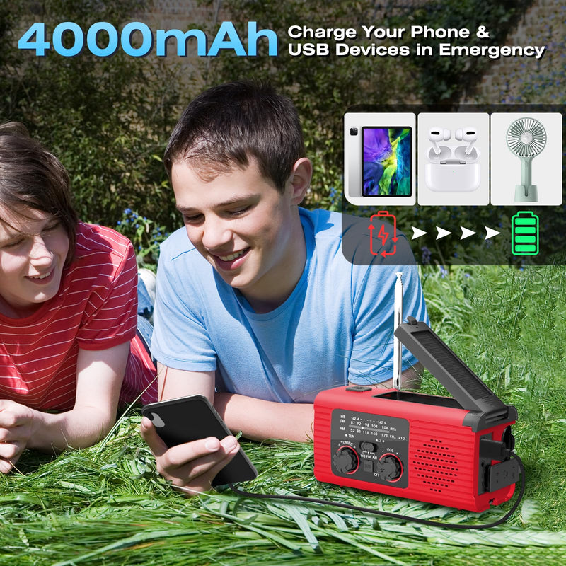 [Australia - AusPower] - 【2023 Newest】 NOAA Emergency Weather Radio, 4000mAh Weather Alert Radio Solar Charging, Hand Crank & USB Charged, AM/FM Radio with LED Flashlight, Reading Lamp, SOS Alarm, Headphone Jack for Outdoor Red 