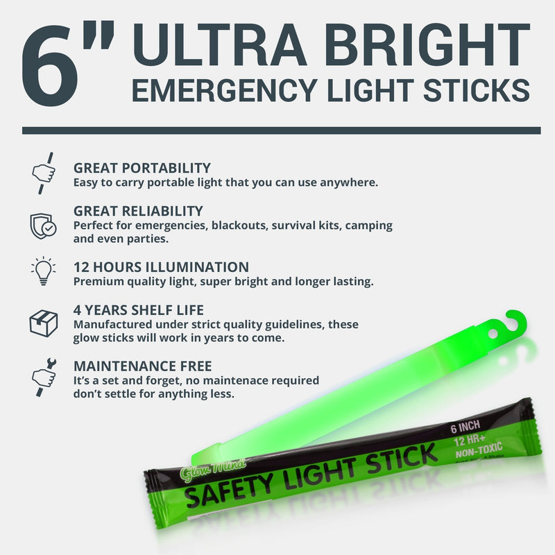 [Australia - AusPower] - Glow Mind 12 Ultra Bright Glow Sticks - Emergency Light Sticks for Camping Accessories, Parties, Hurricane Supplies, Earthquake, Survival Kit and More - Lasts Over 12 Hours (Green) Green 12 Pack 