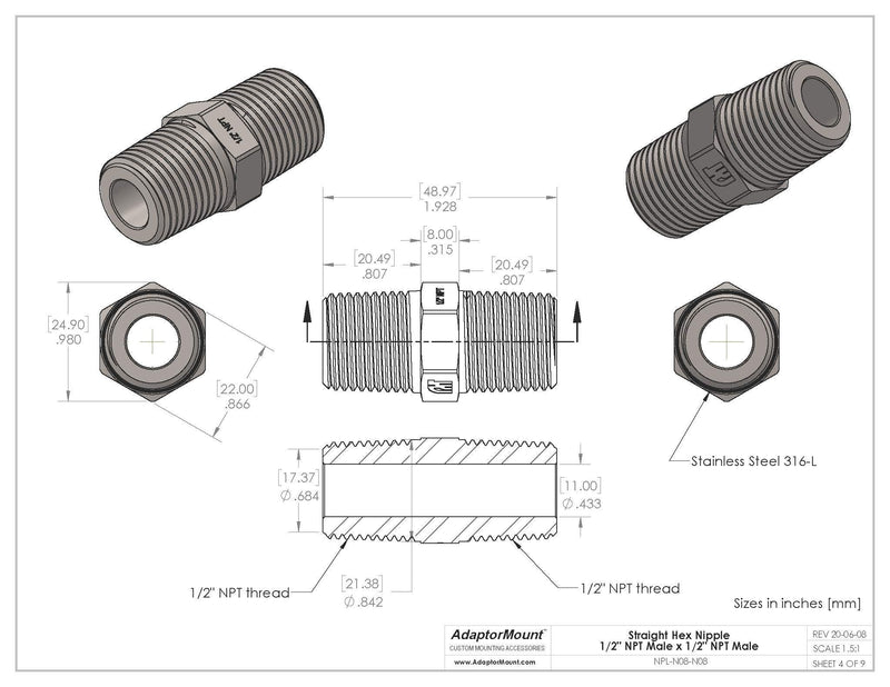 [Australia - AusPower] - 1/2" NPT Male x 1/2" NPT Male, Stainless Steel 316-L Straight Hex Nipple Connector, Pipe Fitting Adapter 