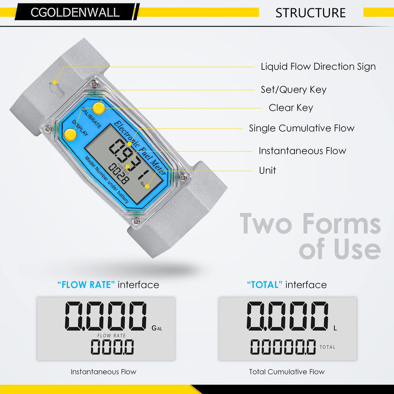 [Australia - AusPower] - CGOLDENWALL Turbine Flow Meter LCD Digital Display Flowmeter with 1.5" Inlet/Outlet, Fuel Flowmeter for Diesel Kerosene Gasoline, Flow Rate Range 10-73.5 GPM (1.5 inch) 1.5 inch 