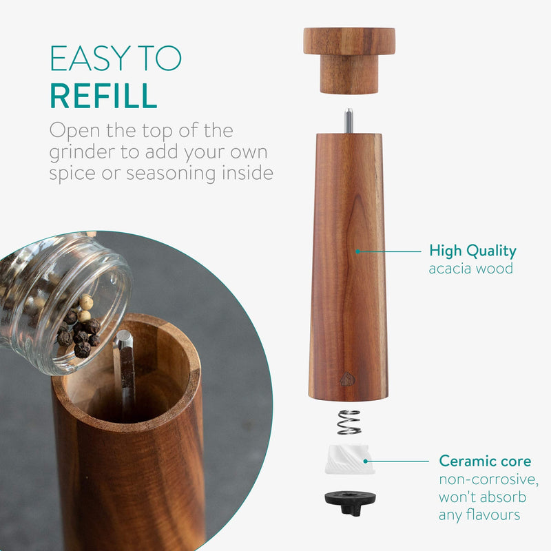 [Australia - AusPower] - Navaris Salt and Pepper Mill Set - Adjustable Acacia Wood Salt and Pepper Grinders Shakers with Ceramic Grinding Core for Home, Restaurants - Design 1 