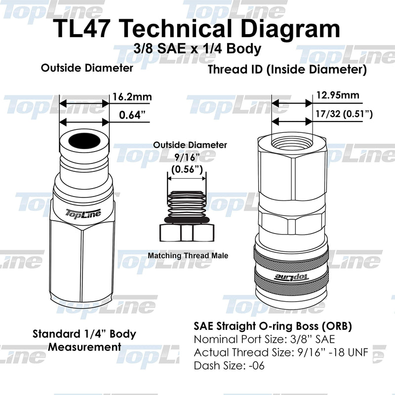 [Australia - AusPower] - TL47 3/8 SAE Thread Flat Face Quick Connect Hydraulic Couplers Set 1/4 body ISO 16028 for Bobcat Skid Steer Loaders with Dust Caps 