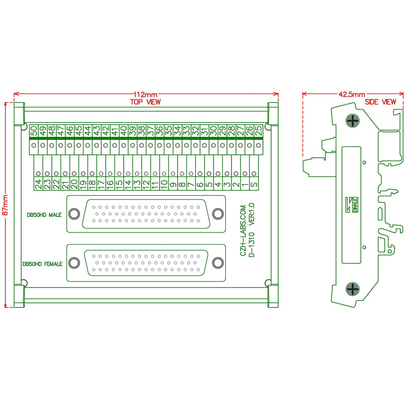[Australia - AusPower] - CZH-LABS DIN Rail Mount DSUB DB50 Male/Female Header Interface Module, D-SUB Breakout Board. 