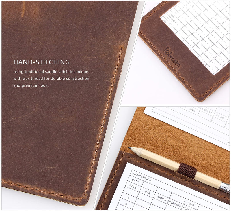 [Australia - AusPower] - Robrasim Handmade Leather Yardage Book Cover, Leather Golf Scorecard Holder with Built-in Pencil Loop Brown 