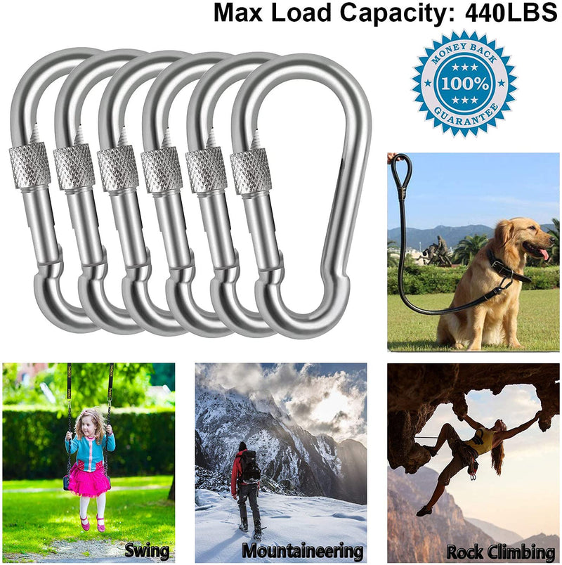 [Australia - AusPower] - Acquwistach 6 Pack Locking Carabiners Clips 3.15" Stainless Steel Spring Snap Hook Locking Carabiner - 304 Premium Stainless Steel Heavy Duty Thumb Screw Carabiner Clips 