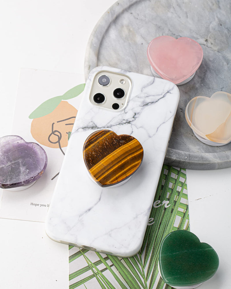 [Australia - AusPower] - Matte Stone Natural Handmade Heart-Shaped Tiger Eye Gemstone Collapsible Grip & Stand for Phones and Tablets (Heart-Shaped Tiger Eye/White Grip) 