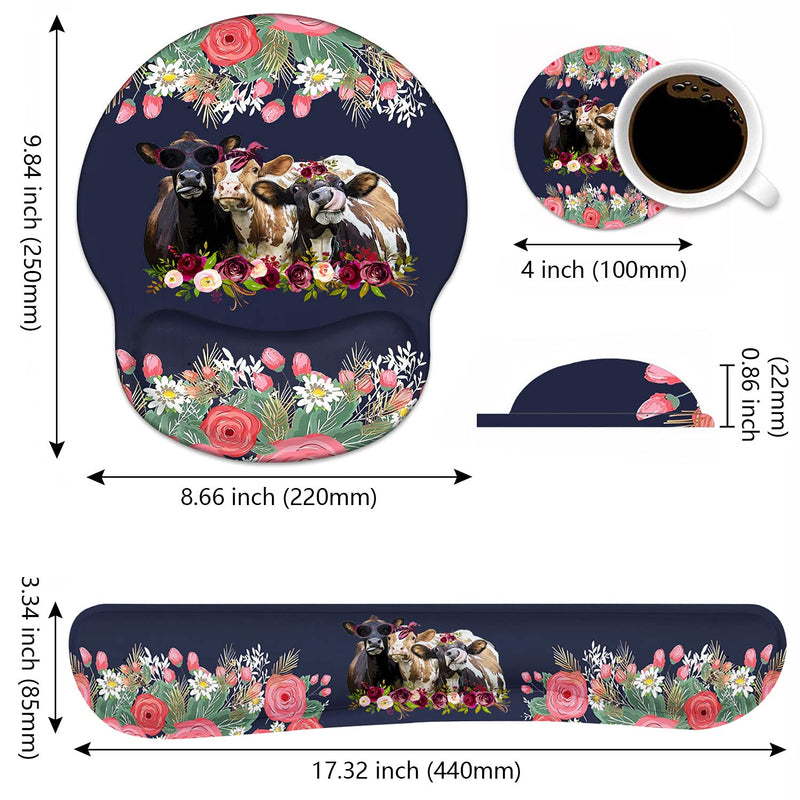 [Australia - AusPower] - Keyboard Wrist Rest and Mouse Pad Wrist Support Set, Non-Slip PU Base Ergonomic Gaming Mousepad for Home Office Working Studying Easy Typing & Pain Relief - Floral Quote Funny Cows Combination 