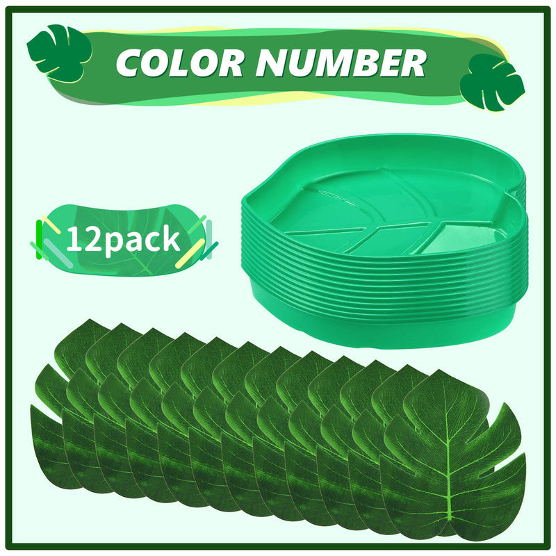 [Australia - AusPower] - Palm Leaf Snack Tray Hawaii Style Reusable Food Tray with Tropical Imitation Green Plant Leaves, Cookies Chips, Candy Dip, for Jungle Island Luau Party Theme Decorations Birthdays 12 Sets,8.3 x 7 Inch 