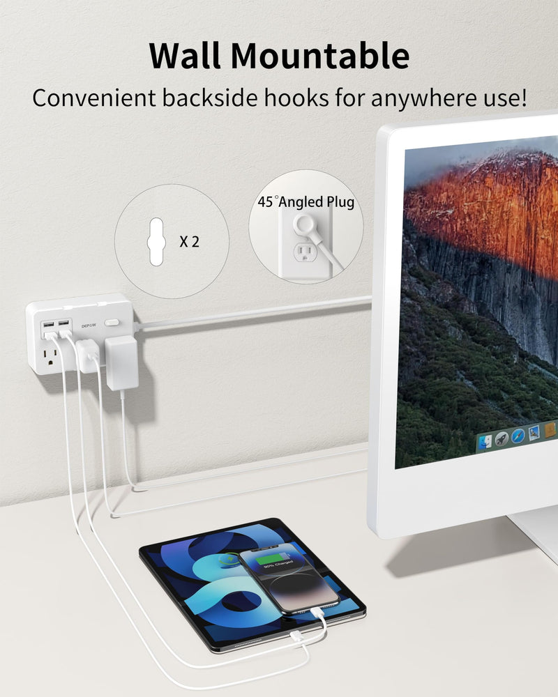 [Australia - AusPower] - DEPOW Power Strip with 6 AC Outlets and 4 USB-A Ports,Wall Mount 45Â° Angled Plug Charging Station with Power Switch, 3Ft Extension Cord for Cruise Ship, Dorm Room, Travel Essentials, White 