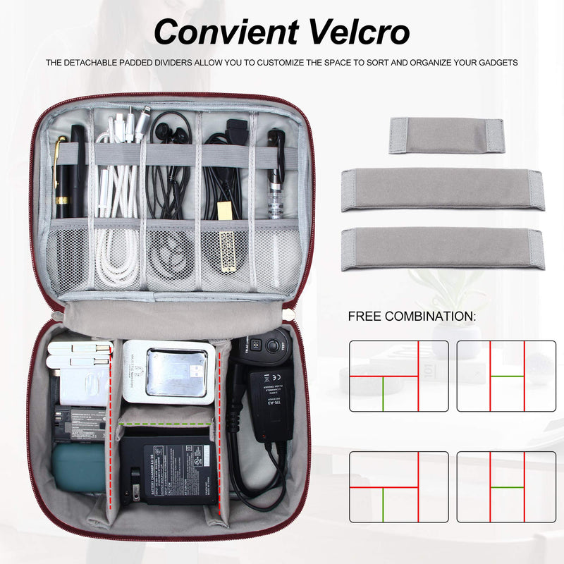 [Australia - AusPower] - Electronic Bag Travel Cable Accessories Bag Waterproof Double Layer Large Electronics Organizer Portable Storage Case for Cable, Cord, Charger, Phone, Adapter, Power Bank, Kindle, Hard Drives Wine Red 