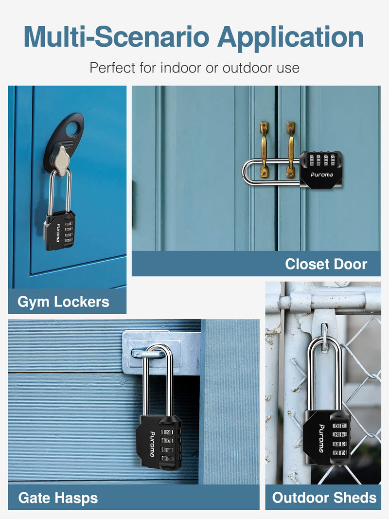 [Australia - AusPower] - Puroma 2 Pack 2.6 Inch Long Shackle Combination Lock 4 Digit Outdoor Waterproof Padlock for School Gym Locker, Sports Locker, Fence, Gate, Toolbox, Case, Hasp Storage (Black) Black 
