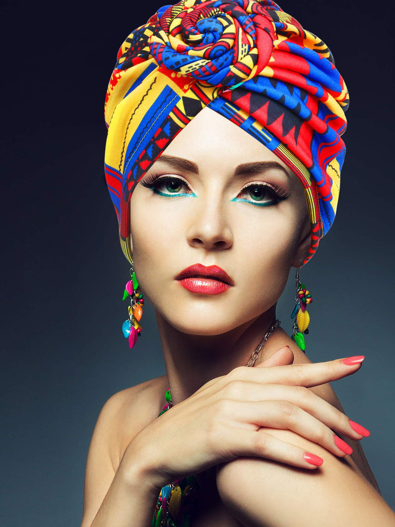 [Australia - AusPower] - SATINIOR 3 Pieces African Turban for Women Knot Pre-Tied Bonnet Beanie Cap Headwrap Black Orange Pink Geometry 