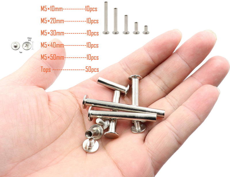 [Australia - AusPower] - LBY 100pcs Phillips Chicago Screws Binding Screw Posts,M5 x 10/20/30/40/50mm Book Screws,Binding Barrels and Screws Assortment Kit, for Leather Saddles Purses Belt Repair,Nickel-Plated Silver 