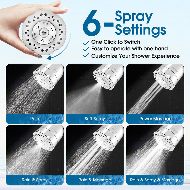 [Australia - AusPower] - High Pressure Shower Head, ALOHOME Rain Shower Head with 6 high flow Spray Settings, 3.6'' Chrome Finished Bathroom Shower Head with Adjustable Brass Ball Joint for Luxury Spa Shower Experience 