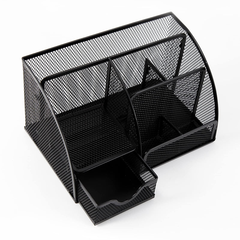 [Australia - AusPower] - Multifunctional Mesh Desktop organizer with 6 Compartments + 1 Drawer by YIYUAN, Black Office Desk Accessories Metal Stationary Holder 