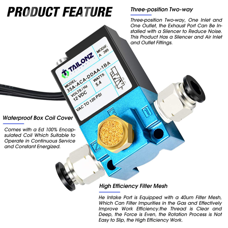 [Australia - AusPower] - TAILONZ PNEUMATIC 2 Way 3 Port Mac Valve, DC12V, 5.4W, 1/8”NPT Electronic Booster Control Solenoid Valve High-Frequency Solenoid valve35A-ACA-DDAA-1BA 